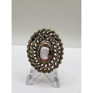 Vintage Cameo Style Glass Brooch Gold Tone Filigree Rainbow Effect